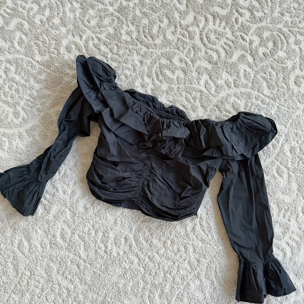 Zara Black Ruffled Off-Shoulder Long Sleeve Top, Size: M, Worn Once